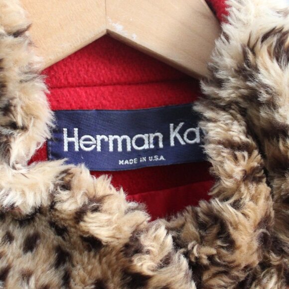 Herman Kay Vintage Women's  Faux Leopard Fur Trim Red Wool Swing Coat sz Medium - Picture 3 of 8